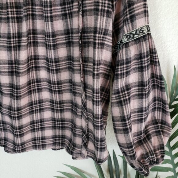 Knox Rose Bohemian Plaid Puff Sleeve Peasant Blouse Top size M - Picture 5 of 12